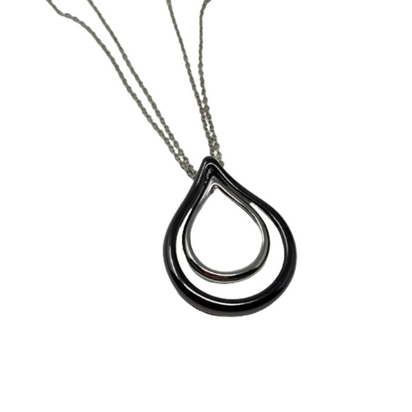 Lia Sophia Double Chain Necklace w/ Tear Drop Pendant - Black and Silver 16-19" - Picture 5 of 8